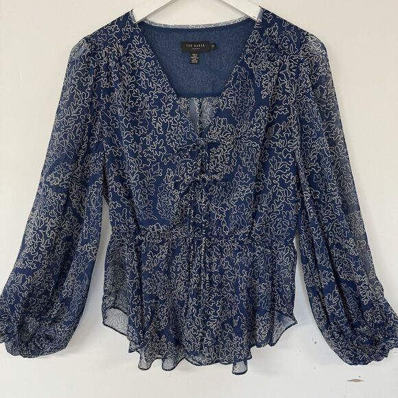 Ted Baker Mildred Blouse Balloon Sleeve Navy Beige Peasant Sheer Top Size 2 US 6 - Picture 3 of 14